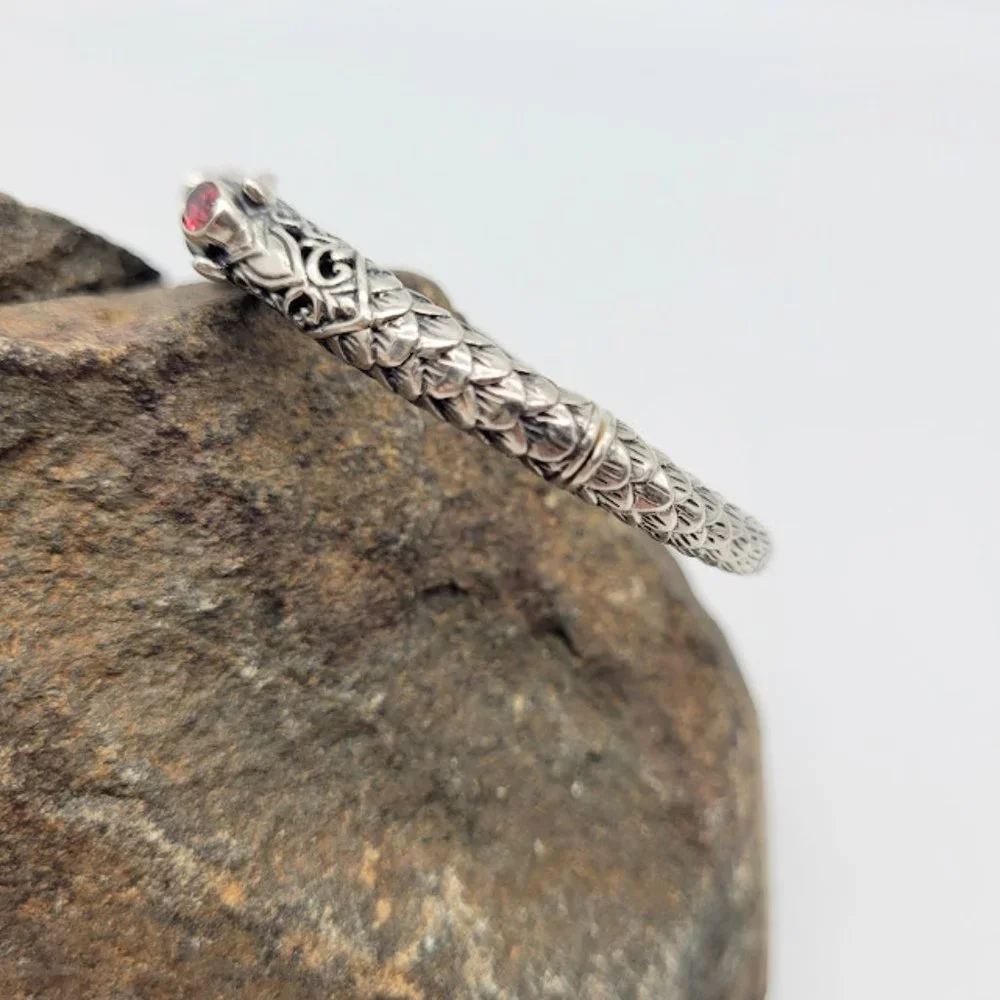 Sterling Silver Dragon Head Bangle Bracelet - Silver